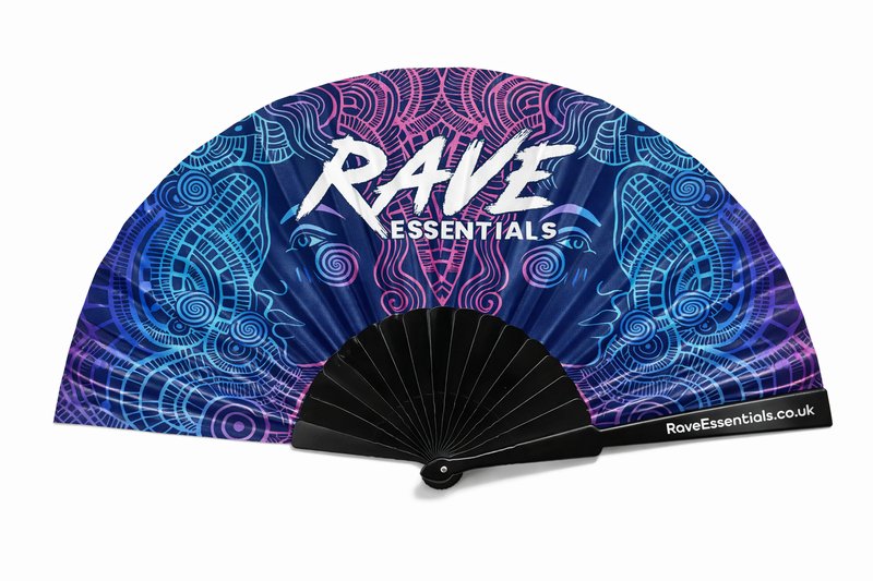 Rave Essentials folding rave fan fully open showing psychedelic blue and purple design