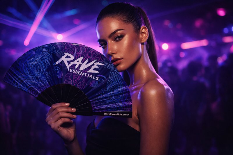 Woman holding Rave Essentials folding festival fan at a rave with purple laser lights