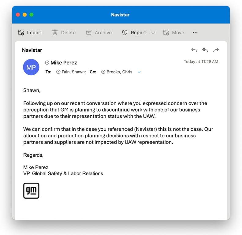 Head of GM confirming Navistar will not close