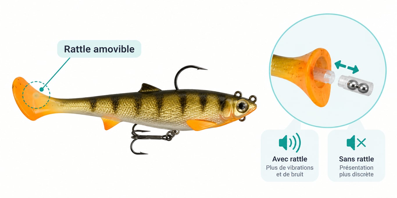 Illustration du rattle amovible du Sico Lure Kaizer Shad, avec un zoom sur la capsule sonore située dans la queue du leurre