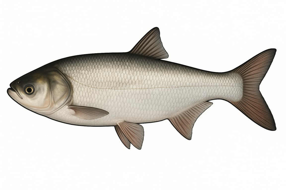 Carpe argentée (Hypophthalmichthys molitrix) - pez de agua dulce puede alcanzar 105 cm