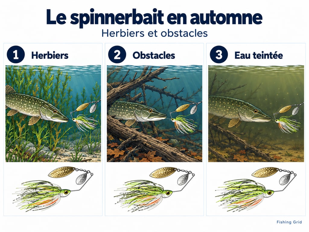 Illustration de la pêche du brochet au spinnerbait en automne, dans les herbiers, près des obstacles et en eau teintée. Copier