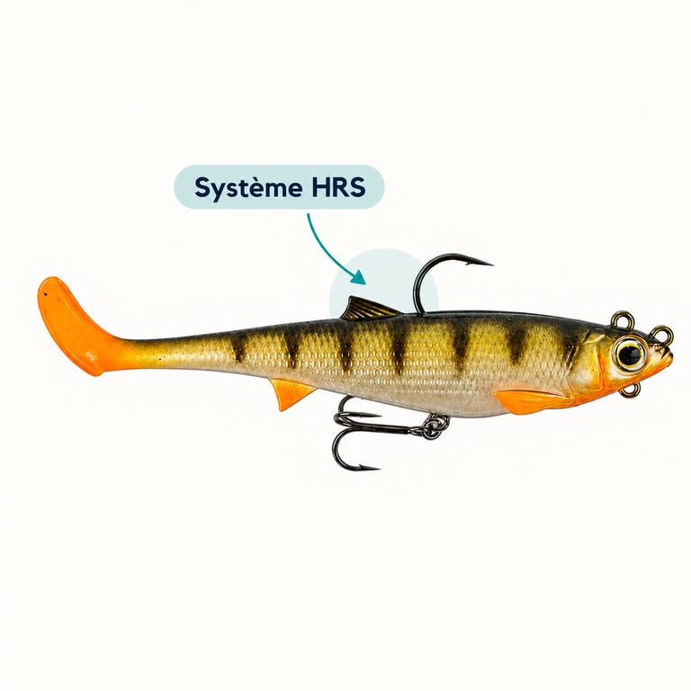 Illustration du système HRS du Sico Lure Kaizer Shad, montrant l'hameçon dorsal et son point de fixation
