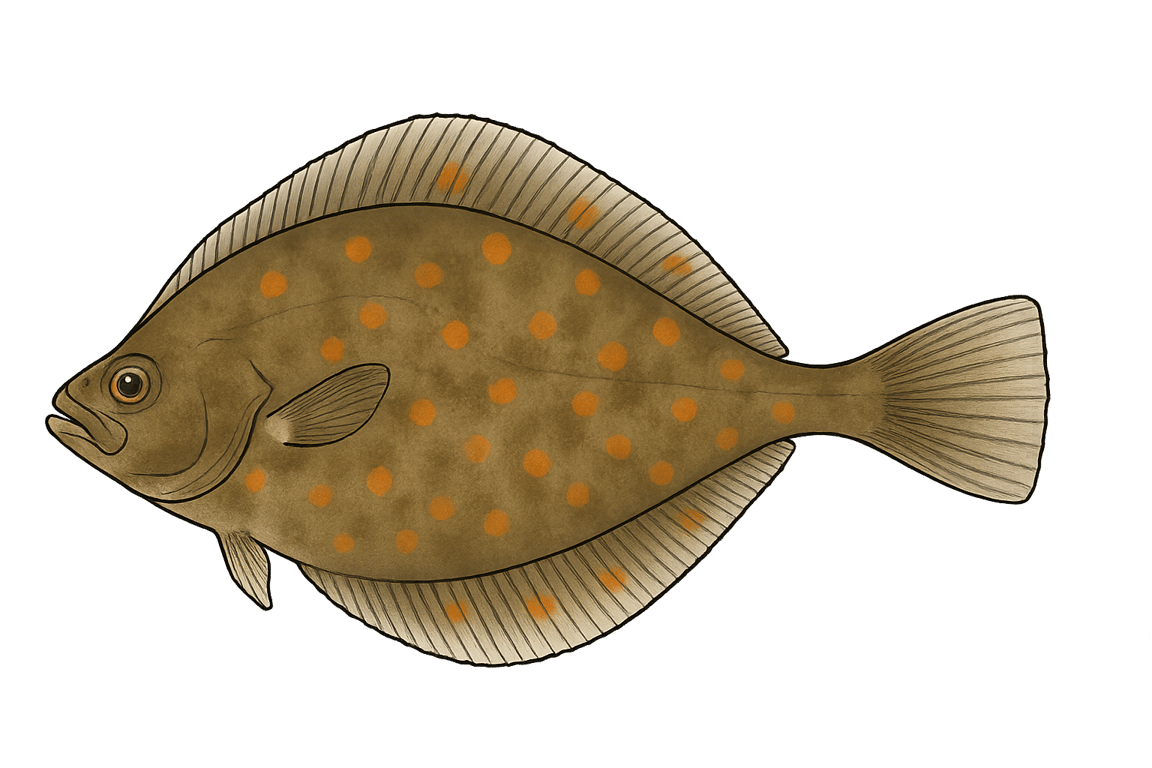 Plie (Pleuronectes platessa) - poisson d'eau douce pouvant atteindre 60 cm