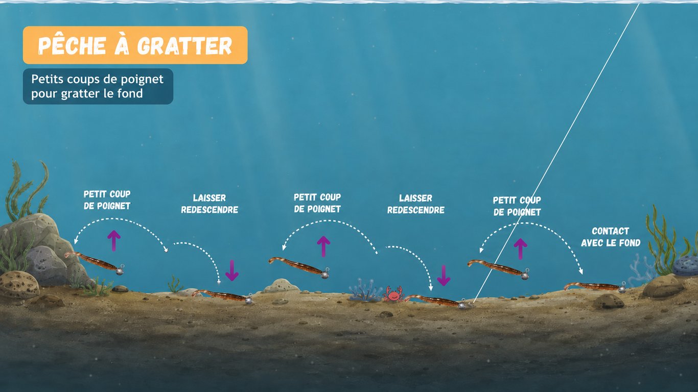 Illustration de la pêche à gratter avec un leurre souple animé par petits coups de poignet près du fond