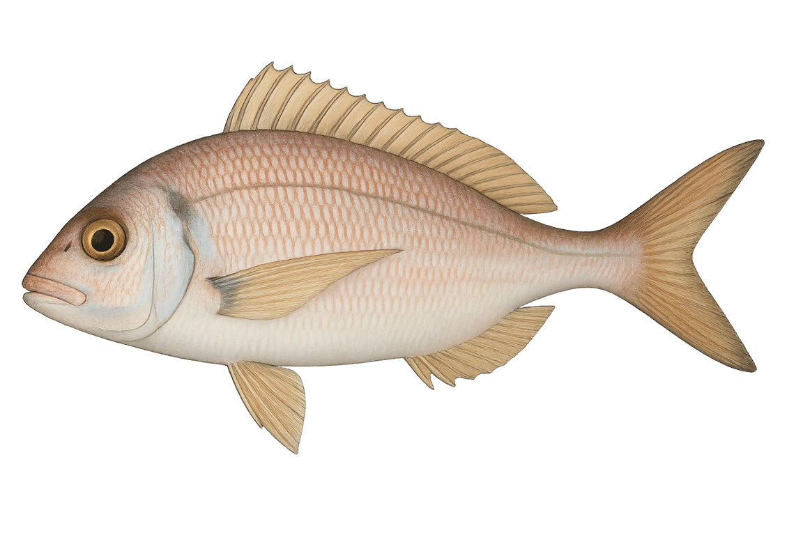 Pageot acarne (Pagellus acarne) - pez de agua dulce puede alcanzar 35 cm