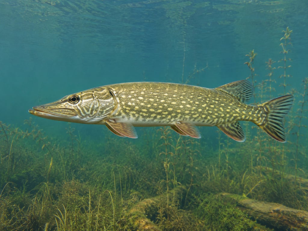 Brochet Esox lucius vu de profil sous l’eau