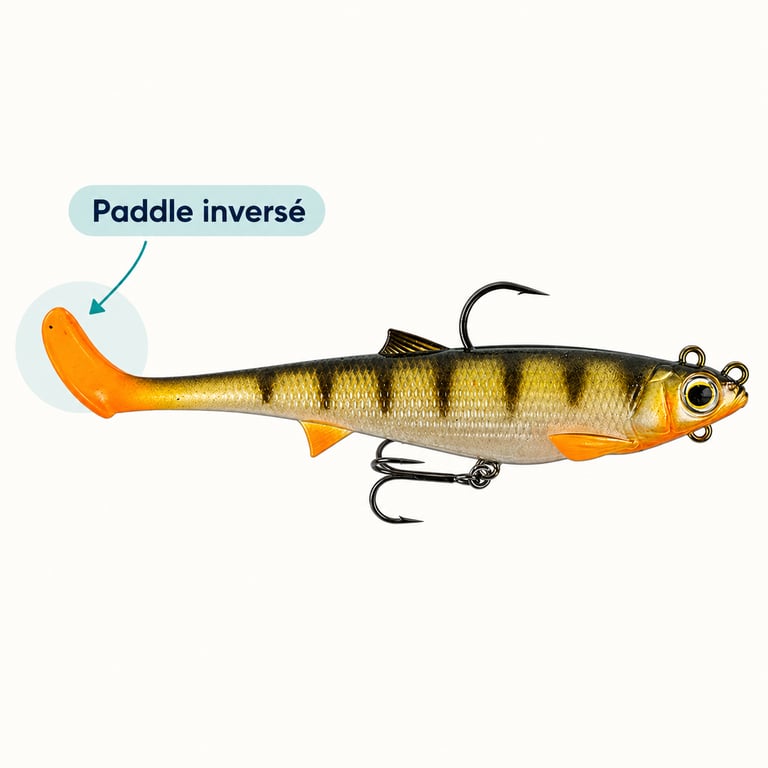 Illustration du paddle inversé du leurre souple Sico Lure Kaizer Shad, avec sa queue incurvée mise en évidence
