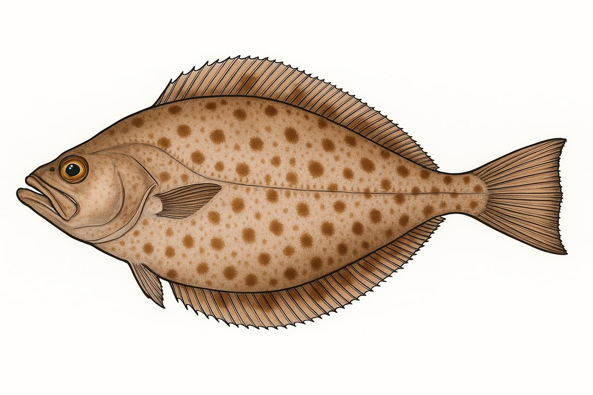 Cardine franche (Lepidorhombus whiffiagonis) - pez de agua dulce puede alcanzar 65 cm