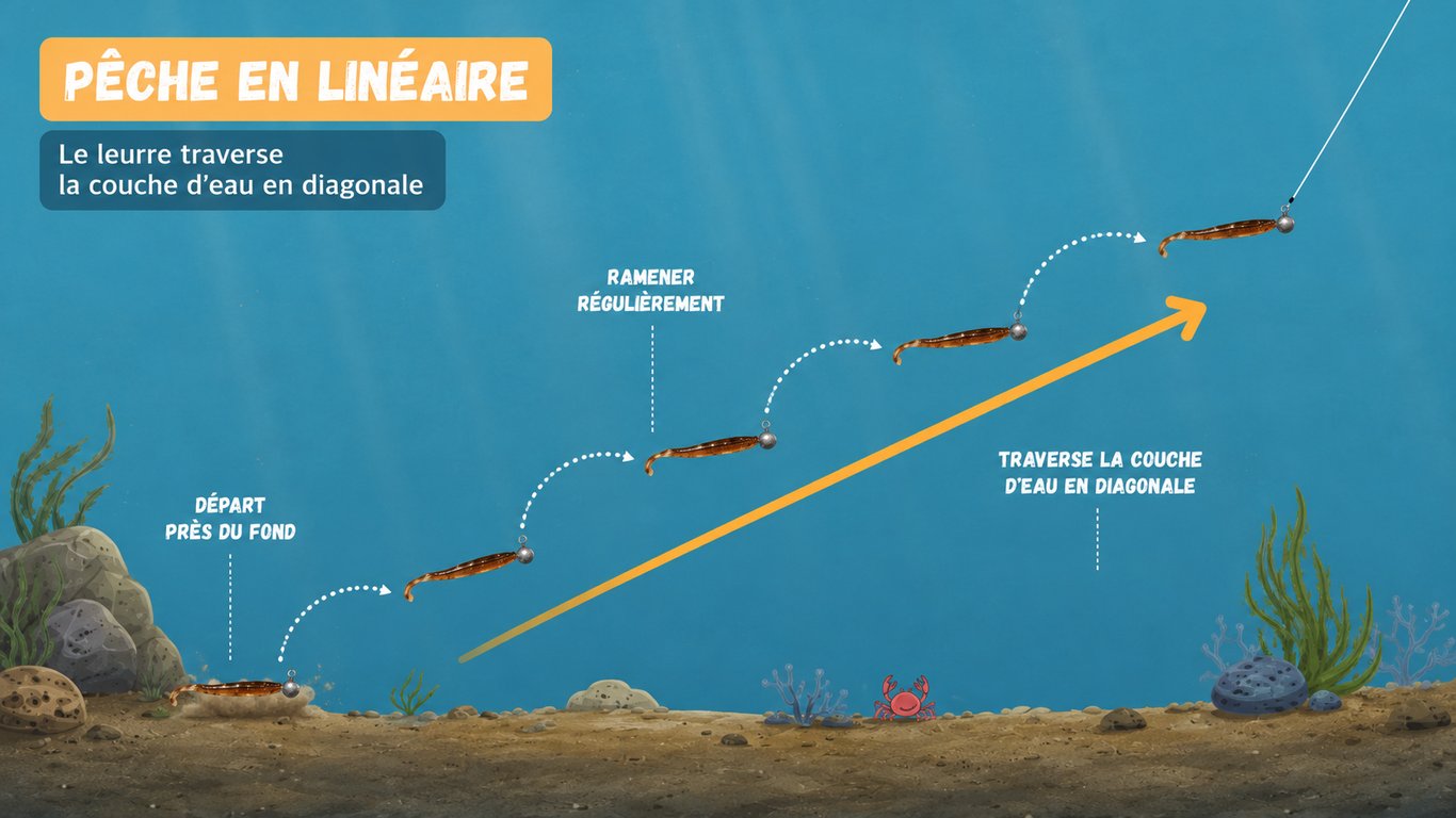 Illustration de la pêche en linéaire avec un leurre souple qui traverse la couche d’eau en diagonale