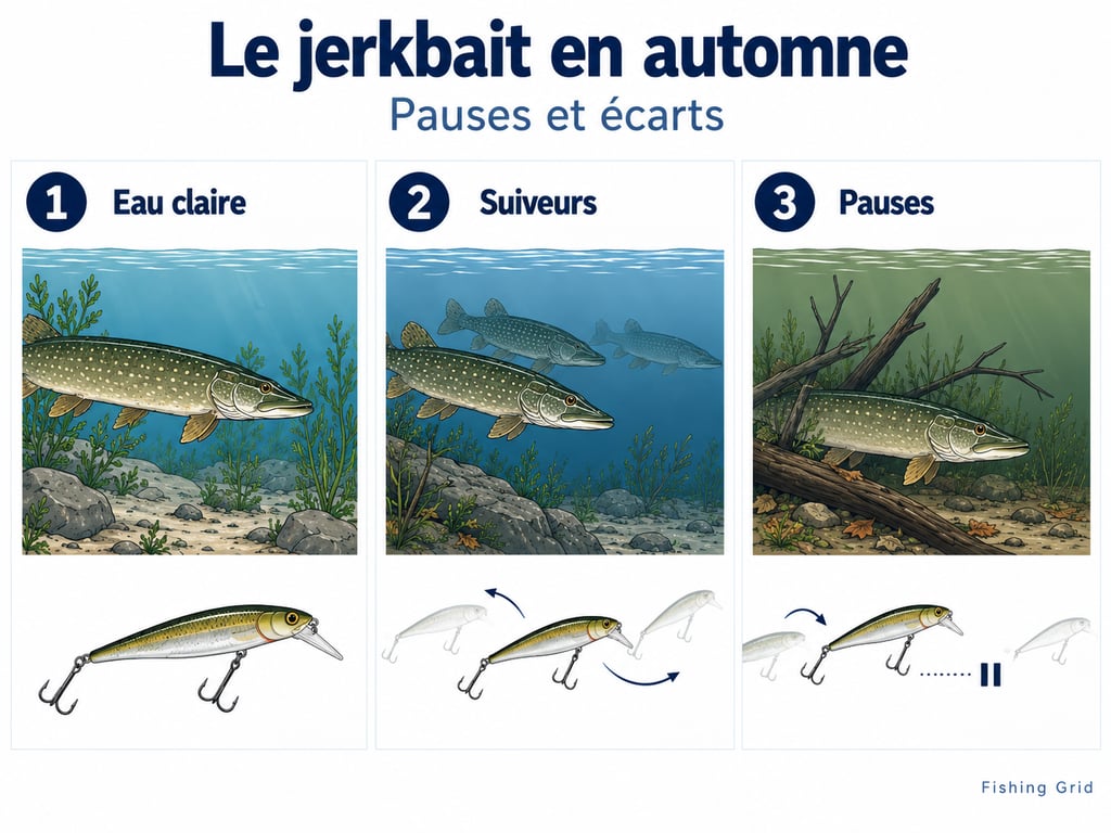 Guide illustré du jerkbait pour le brochet en automne montrant l’eau claire, les poissons suiveurs et l’intérêt des pauses.