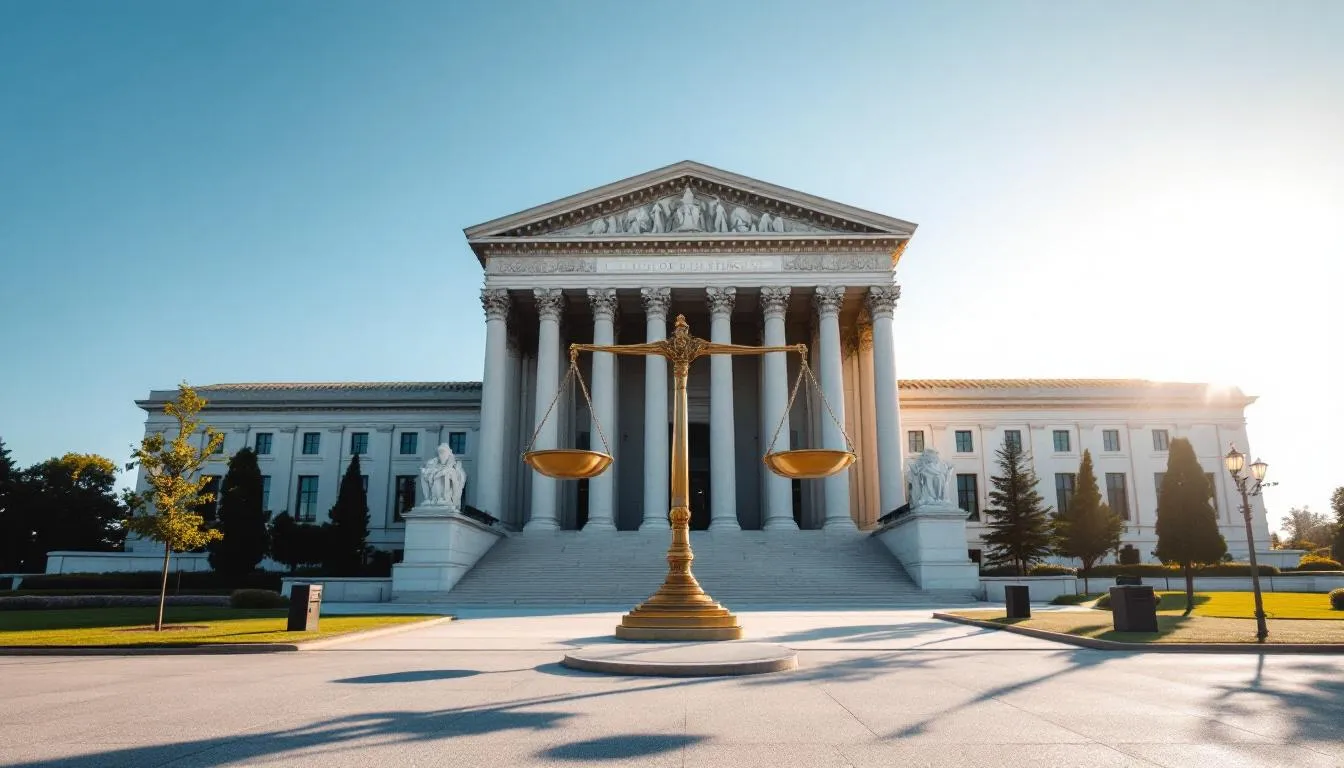 The image features legal scales positioned in front of a government building, symbolizing regulatory oversight. This representation highlights the importance of safety concerns and patient safety in the context of medical regulations, such as those related to unapproved drugs and body protection compounds like BPC 157.