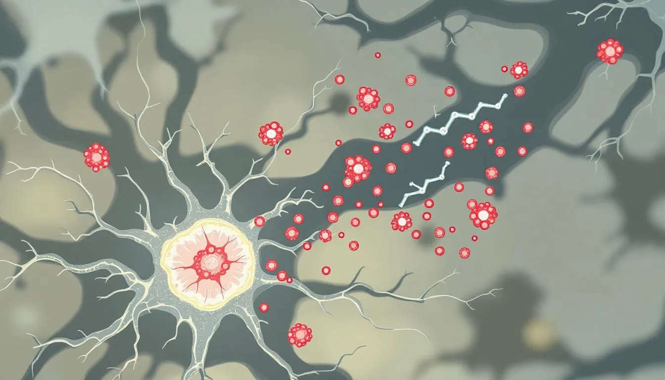 An illustration depicting brain neurons shielded from oxidative damage through peptide intervention, highlighting the protective role of pinealon in maintaining cell viability and supporting cognitive function within the central nervous system. The image emphasizes the importance of peptide treatments in combating oxidative stress and promoting brain health, particularly in the context of age-related cognitive decline.