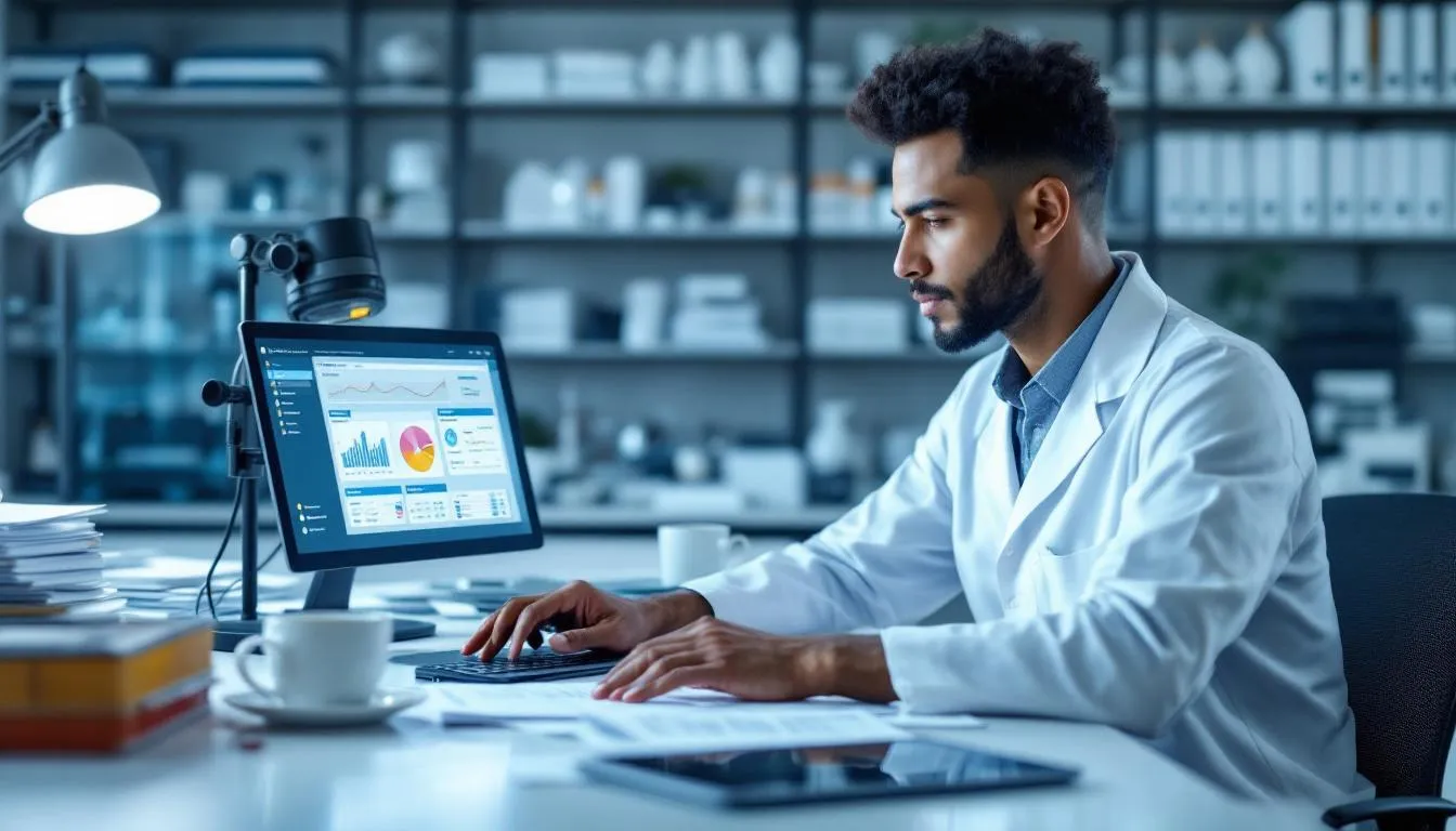 A medical professional is focused on reviewing safety data and research protocols related to mitochondrial function and energy metabolism. The scene emphasizes the importance of understanding metabolic diseases and the role of exercise mimetics in enhancing exercise capacity and mitochondrial health.