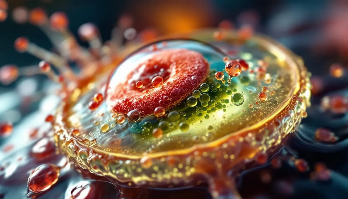 The image depicts a vibrant cell displaying characteristics of early apoptosis, indicating the process of programmed cell death. This cellular senescence is crucial for maintaining tissue homeostasis, as it involves targeting senescent cells, such as senescent Leydig cells, to improve overall cellular health and function.