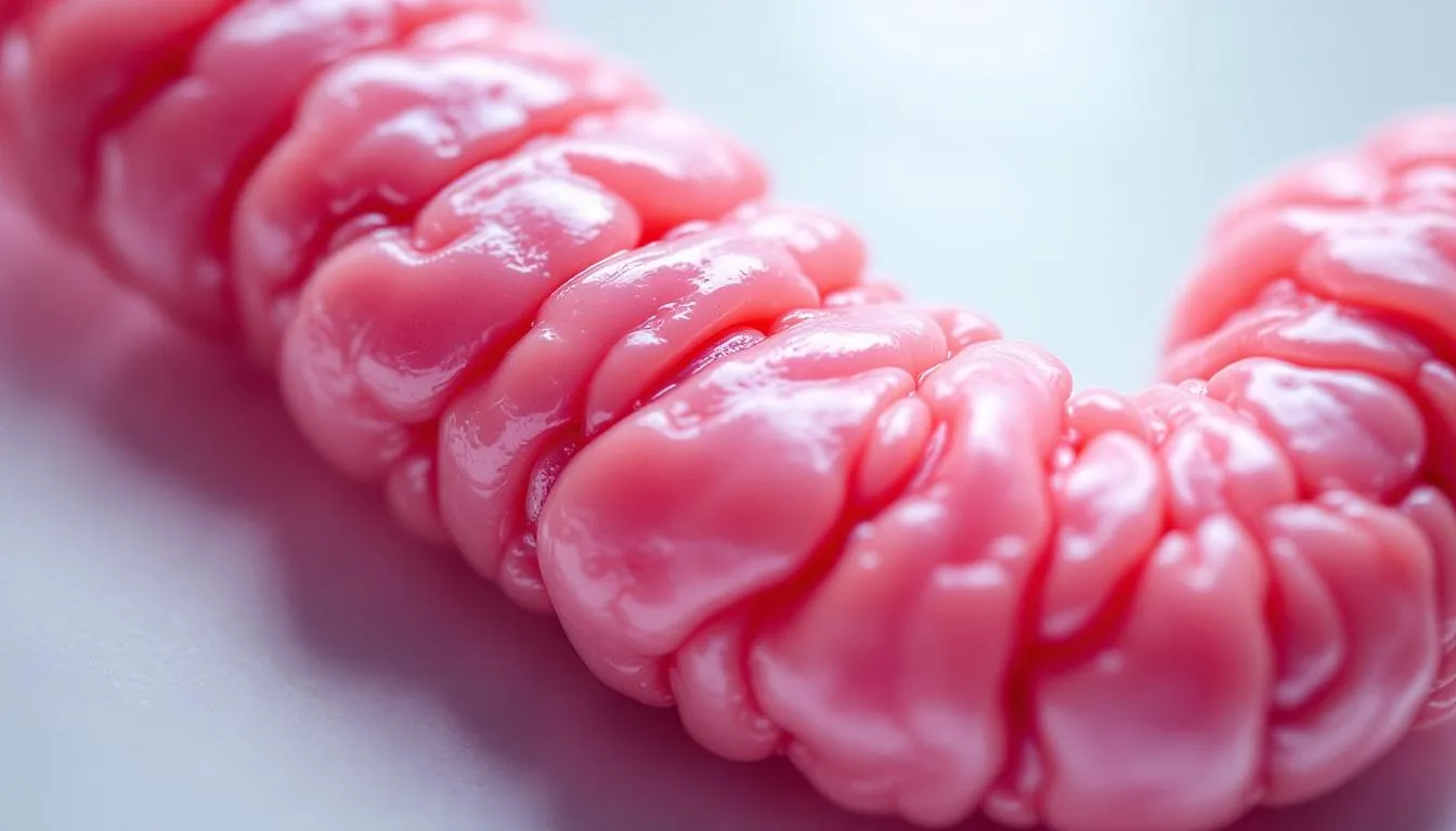 The image shows a close-up of healthy intestinal tissue featuring a protective mucosal lining, highlighting the importance of gut health and the role of the gut barrier in preventing harmful substances from entering the body. This visual representation emphasizes the significance of maintaining intestinal integrity for digestive health and overall well-being.