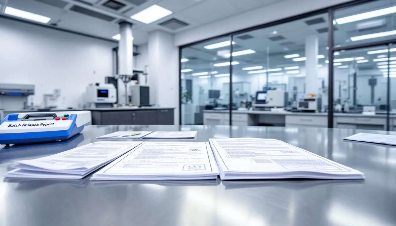 The image depicts a collection of regulatory documents alongside various pharmaceutical quality control testing equipment, essential for ensuring the efficacy and safety of products related to cognitive health and brain function. This setting highlights the importance of rigorous testing in the development of treatments, such as the pinealon peptide, which is known for its potential to enhance cognitive function and protect brain cells from oxidative stress.