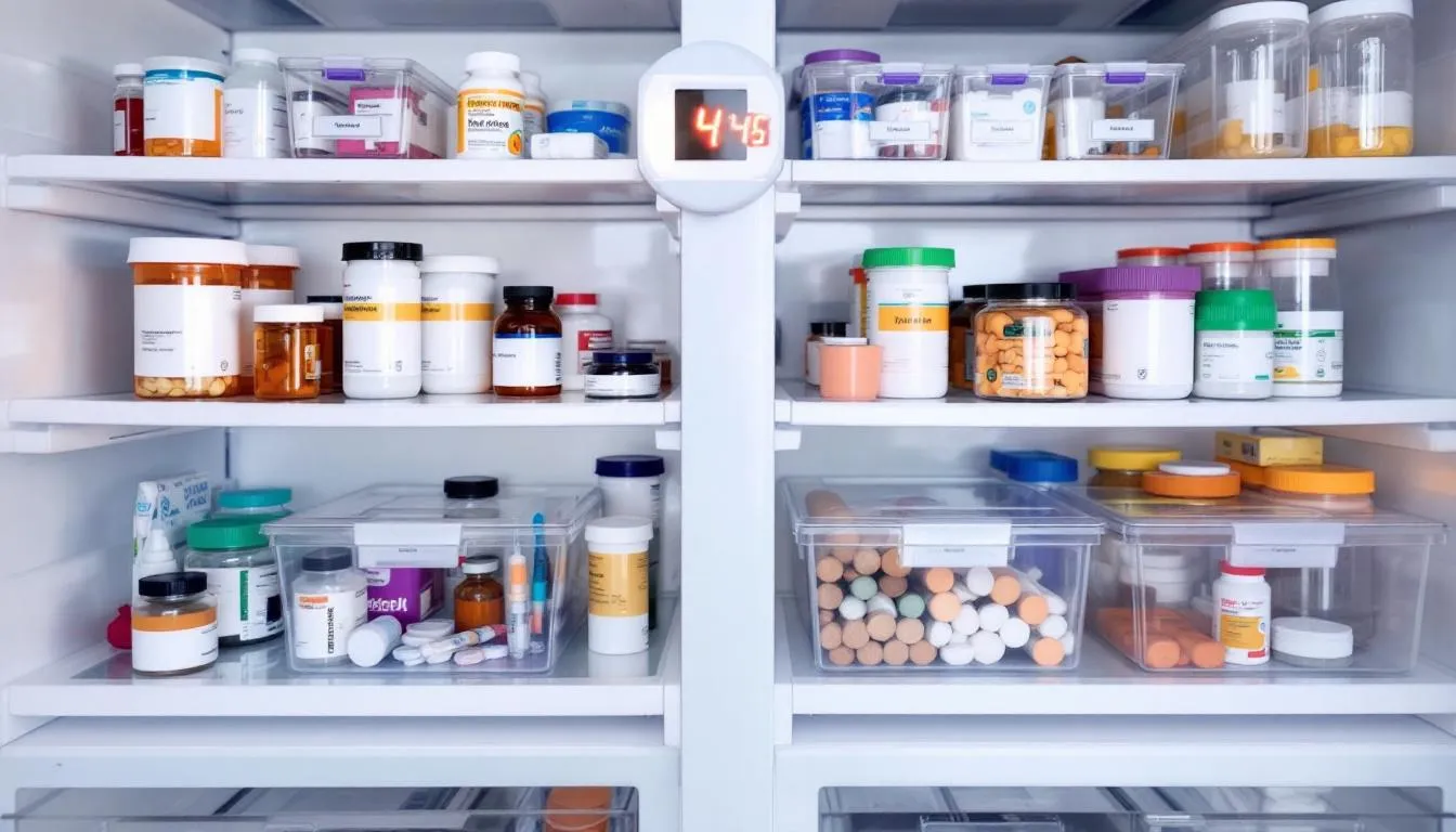 The image depicts a well-organized refrigerator storage space specifically for medication, showcasing clear labeling of tesamorelin injection vials and a temperature monitoring device to ensure proper conditions for sensitive medications. This setup emphasizes the importance of maintaining optimal storage for growth hormone releasing factors and other critical treatments.