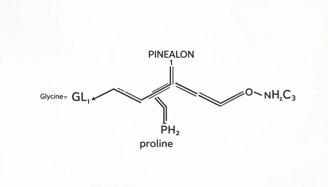 The image depicts a molecular structure diagram illustrating the three amino acids that compose the pinealon peptide, which is linked to enhancing cognitive function and protecting brain health. This synthetic peptide plays a role in activating proliferative processes and may help mitigate cognitive decline associated with aging and oxidative stress.