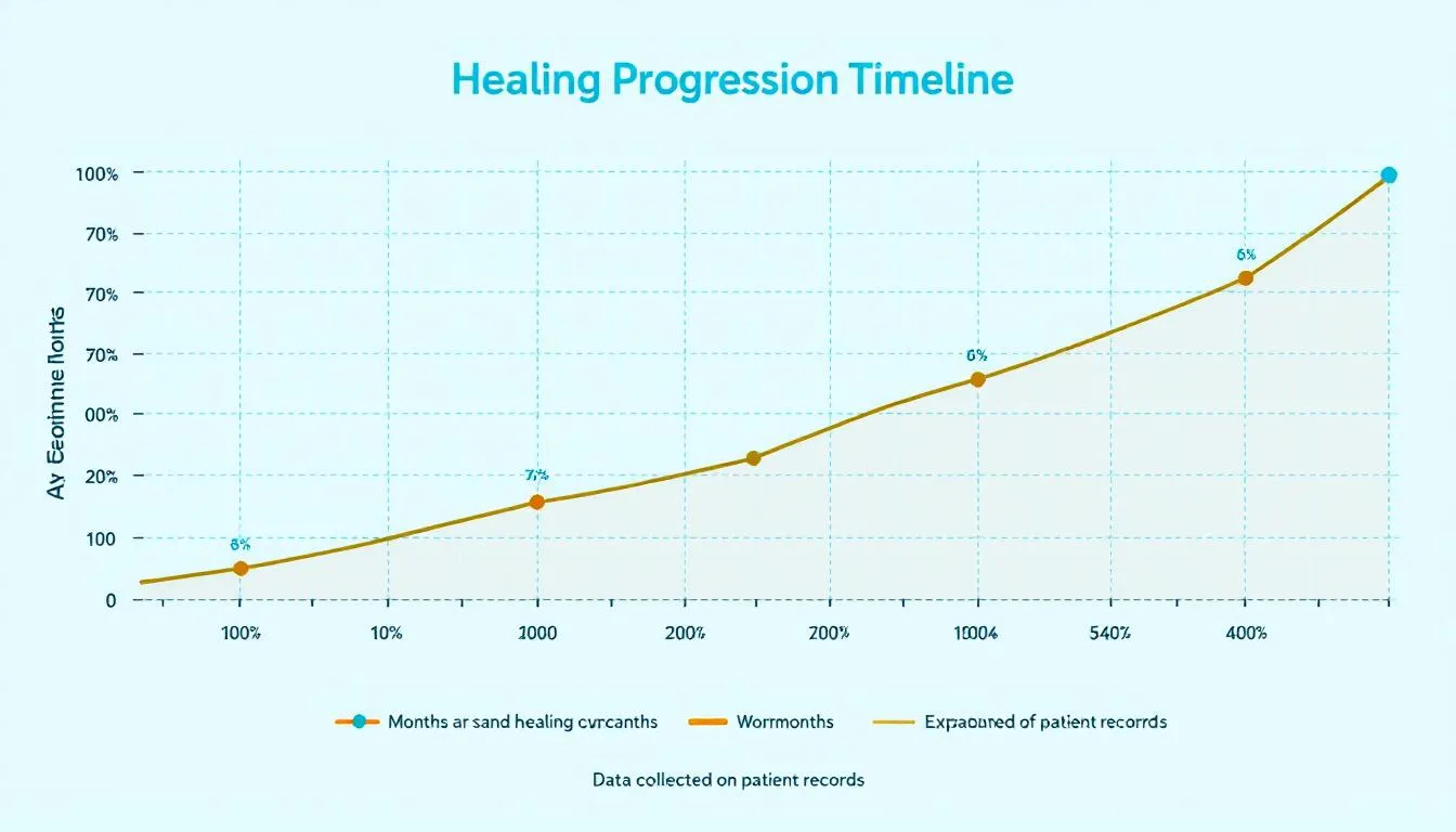 The image depicts a timeline chart illustrating the healing progression of gut health over several months, highlighting improvements in gut lining integrity and reductions in inflammation associated with conditions like inflammatory bowel disease and irritable bowel syndrome. This visual representation emphasizes the importance of peptide therapy and tissue repair in promoting overall digestive health and alleviating symptoms of chronic digestive issues.