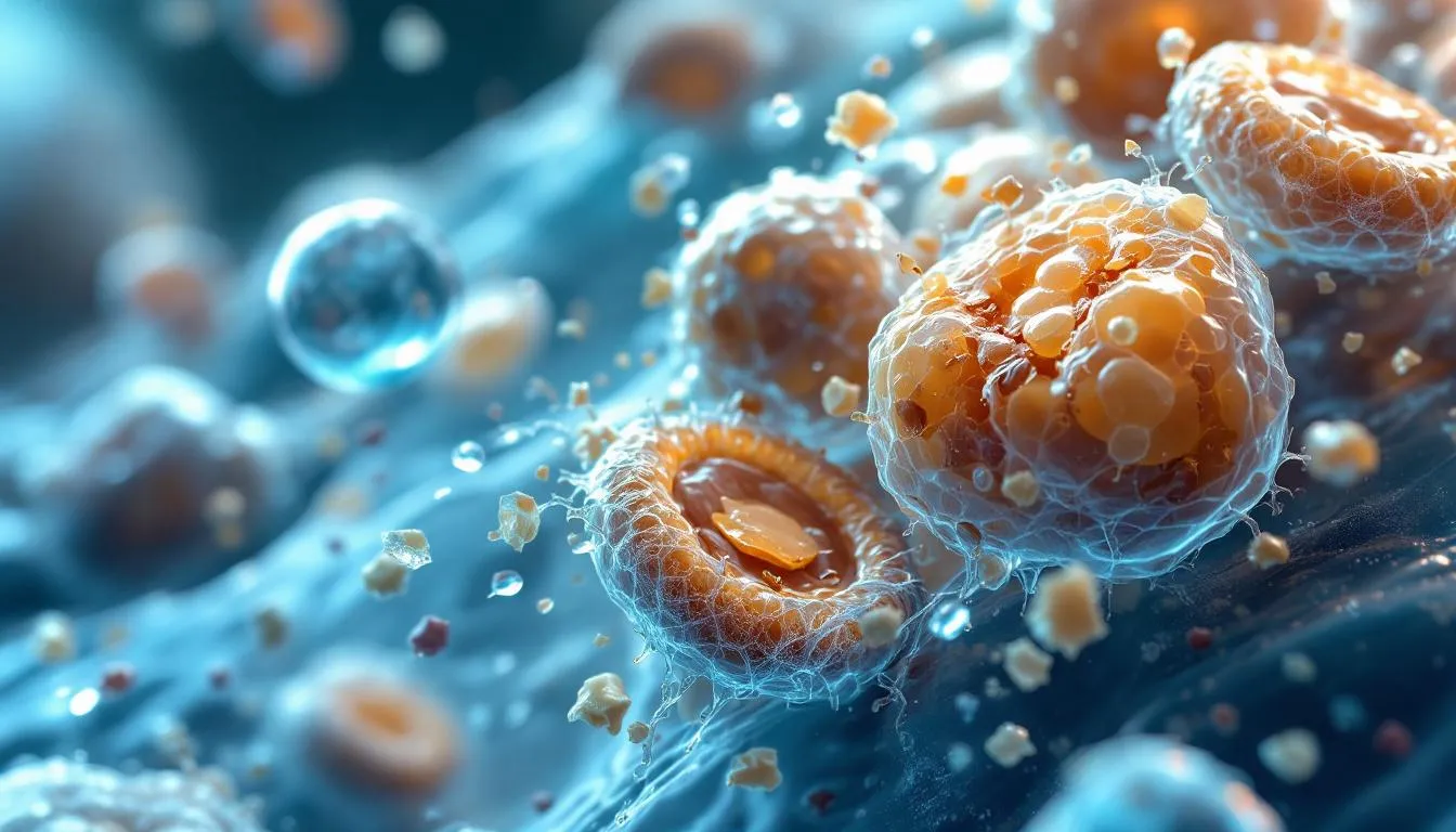 The image shows a microscopic view of cells actively engaged in repair and regeneration processes, highlighting the intricate interactions that contribute to gut health and tissue healing. This visual representation emphasizes the importance of maintaining intestinal integrity and reducing inflammation for overall digestive health.