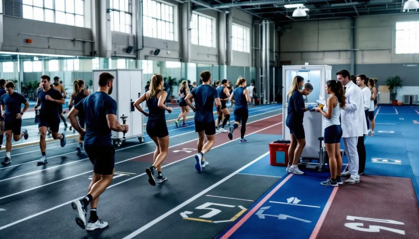 The image depicts athletes engaged in rigorous training while adhering to drug testing compliance, emphasizing the importance of safety and regulations set by the World Anti-Doping Agency. It highlights the need for awareness around musculoskeletal soft tissue healing and the potential risks associated with unapproved drugs and research chemicals in sports performance.