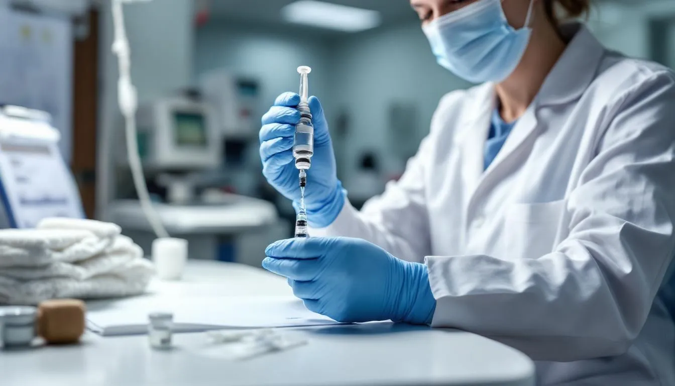 A medical professional is seen preparing a tesamorelin injection in a clinical setting, focusing on the injection solution and vials. This treatment is often used to reduce excess abdominal fat associated with conditions like HIV-associated lipodystrophy, aiming to improve body composition and overall health.