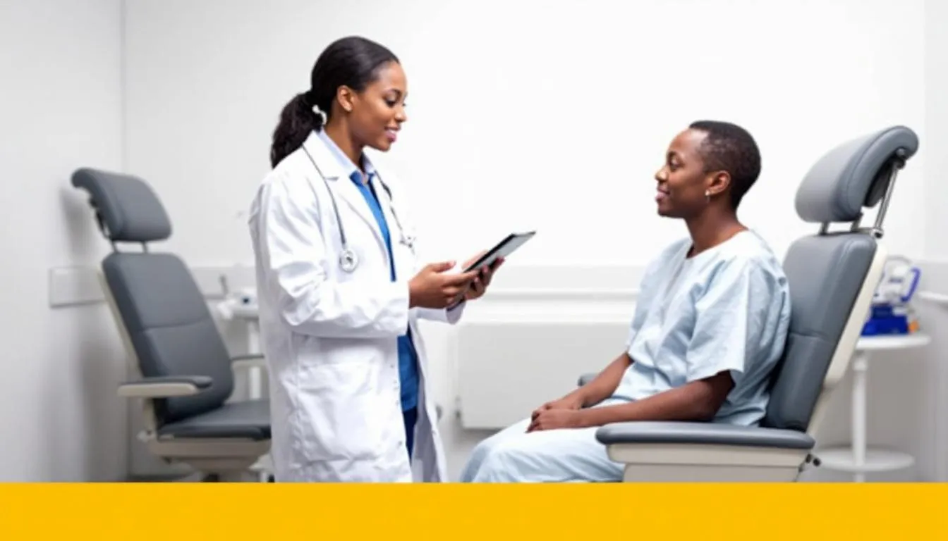 A healthcare professional is consulting with a patient, discussing various treatment options for digestive disorders such as inflammatory bowel disease and irritable bowel syndrome. The conversation emphasizes improving gut health and reducing inflammation, highlighting the potential benefits of peptide therapy for gut healing and overall wellness.