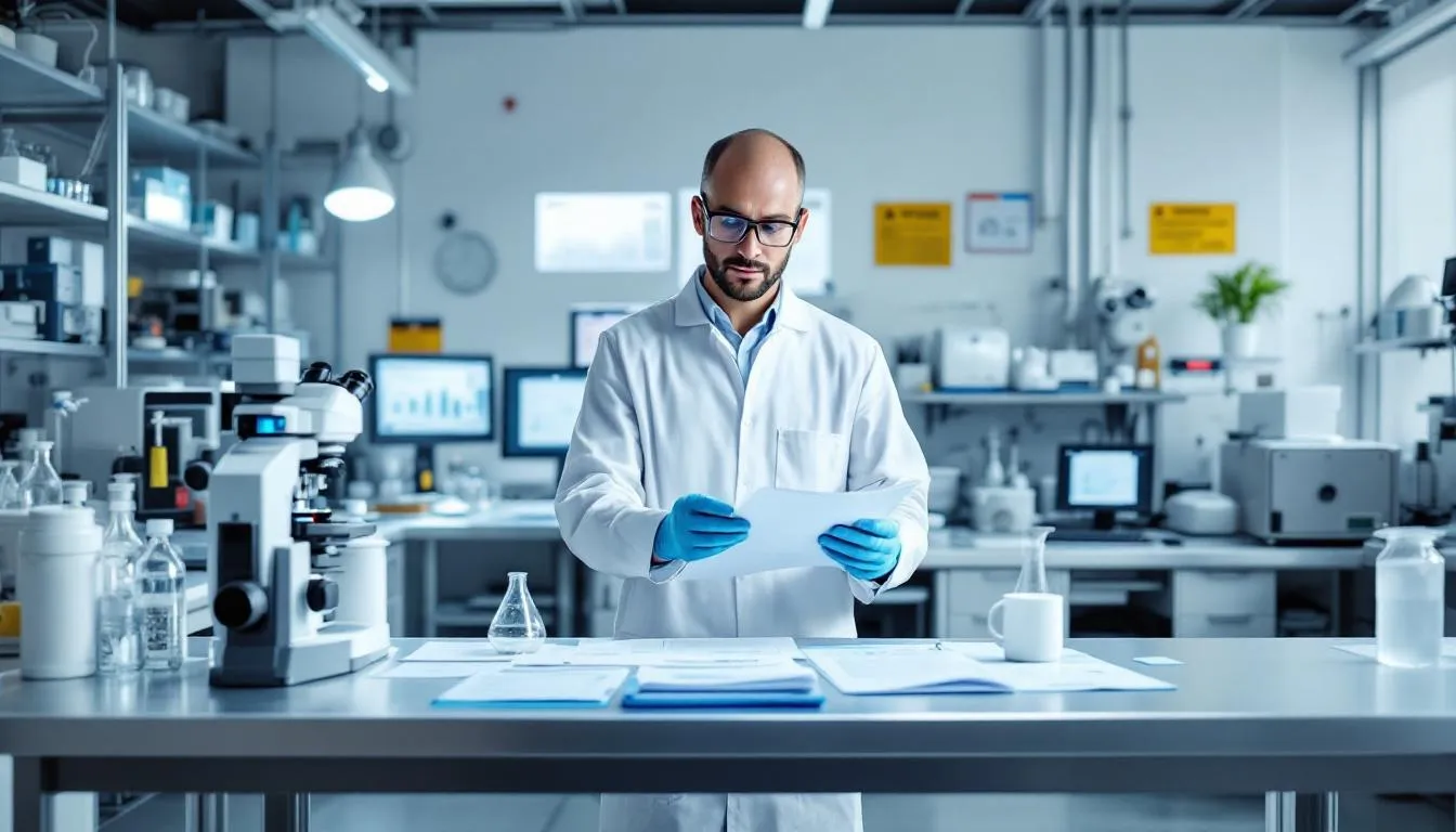 The image depicts a laboratory setting filled with various research equipment, including microscopes and analytical instruments, along with regulatory documentation related to musculoskeletal soft tissue healing and clinical trials. This environment emphasizes the importance of patient safety and the evaluation of body protection compounds like BPC 157, as well as the regulatory oversight from agencies such as the World Anti-Doping Agency.