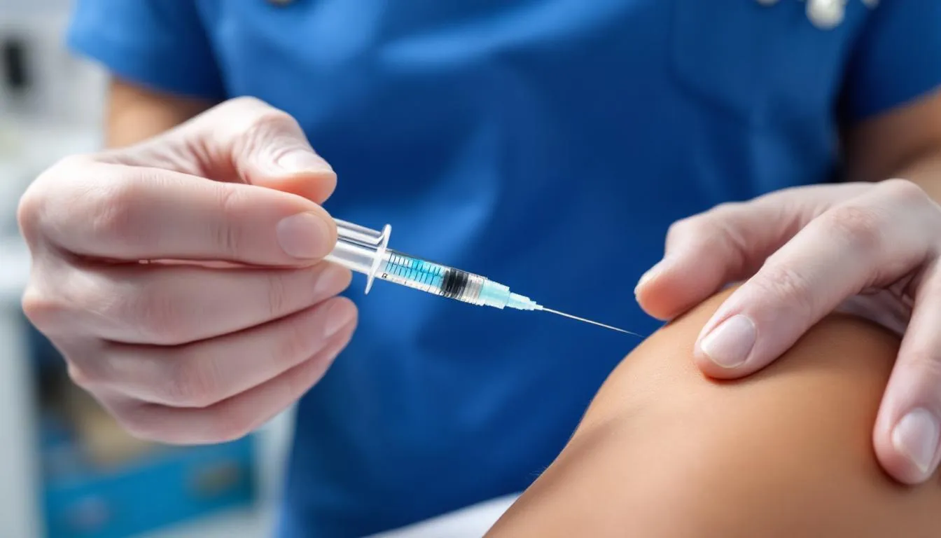 The image shows hands carefully demonstrating the proper technique for administering a subcutaneous injection, emphasizing the importance of selecting an appropriate injection site to minimize discomfort. This technique is essential for effective delivery of medications like tesamorelin, which is used to reduce excess abdominal fat and improve body composition.
