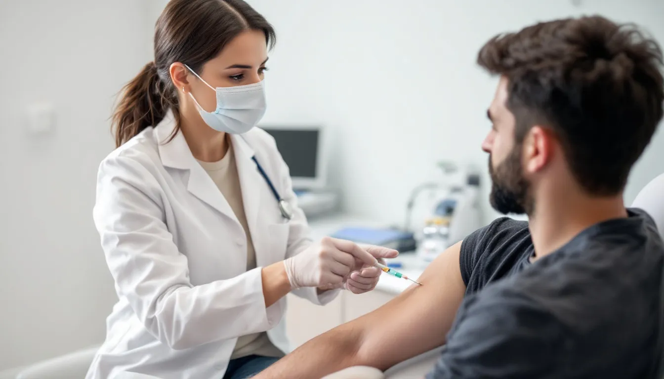 A healthcare provider is demonstrating the injection technique to a patient in a clinical setting, highlighting the importance of proper administration for effective retatrutide dosage in their weight loss journey. The discussion may include aspects of the treatment plan, such as dose adjustments and the significance of body weight in achieving significant weight reduction.