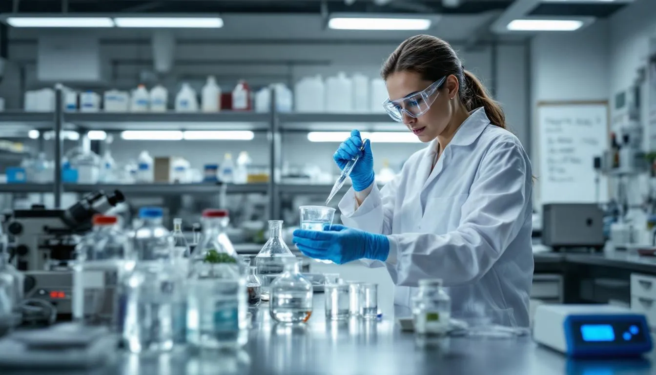 A laboratory scientist is focused on working with molecular compounds in a research setting, surrounded by lab equipment and samples. The work aims to explore the effects of mitochondrial function and energy metabolism on conditions such as obesity and metabolic diseases, including the role of estrogen related receptors in enhancing exercise capacity and cellular respiration.