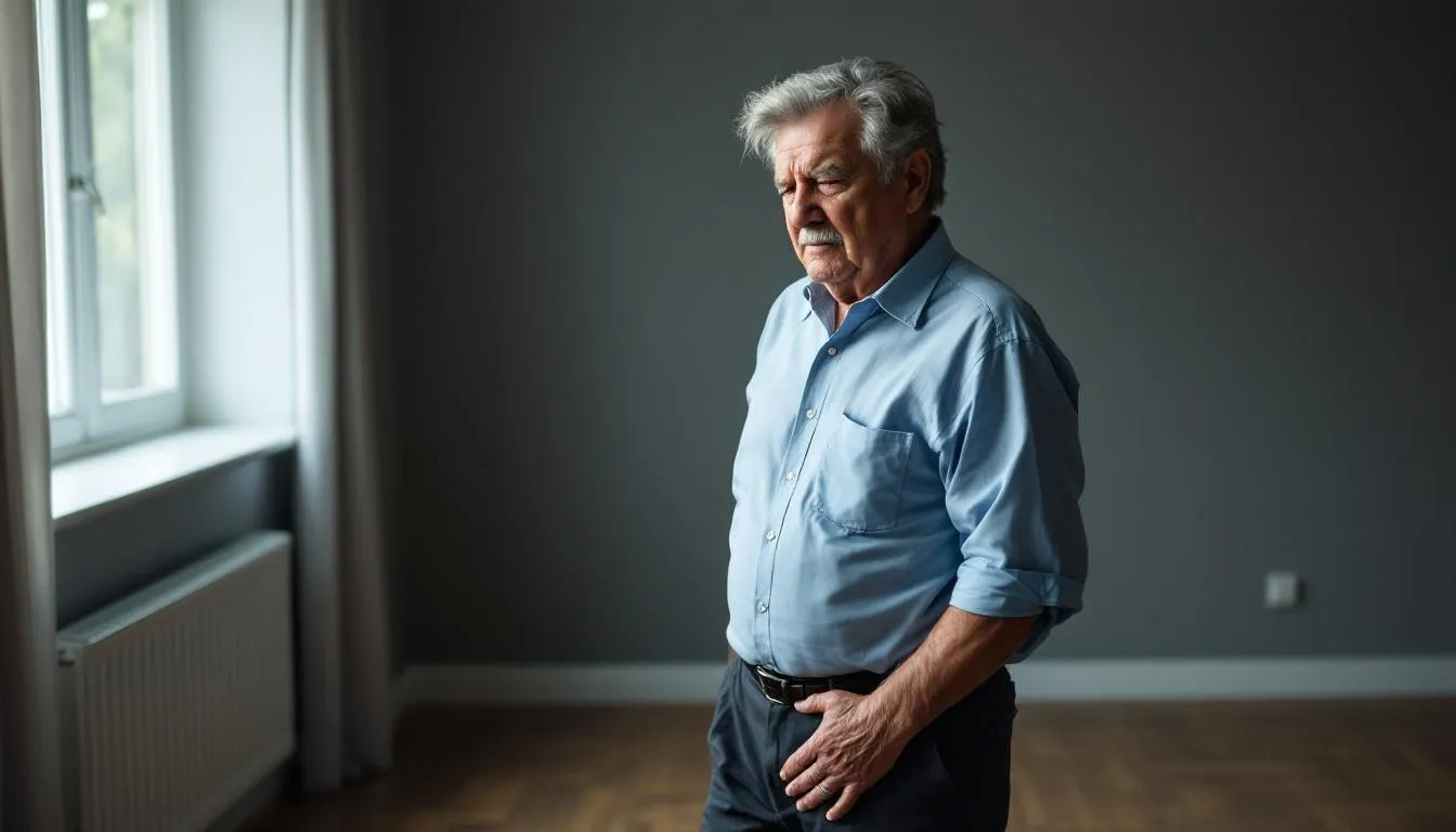 An elderly man is seen clutching his side, indicating slight pain, which may suggest issues related to cellular senescence or age-related diseases. His expression reflects discomfort, possibly linked to the effects of senescent cells on tissue health and function.