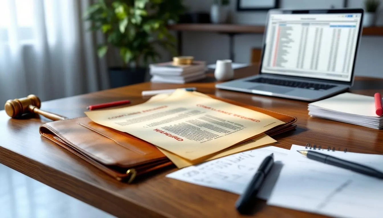 The image depicts a cluttered desk filled with various legal documents and compliance materials, highlighting topics such as clinical trials and patient safety. Among the papers, there are references to bpc 157 regulation and safety risks associated with unapproved drugs, emphasizing the importance of informed consent and regulatory oversight in the context of musculoskeletal soft tissue healing.