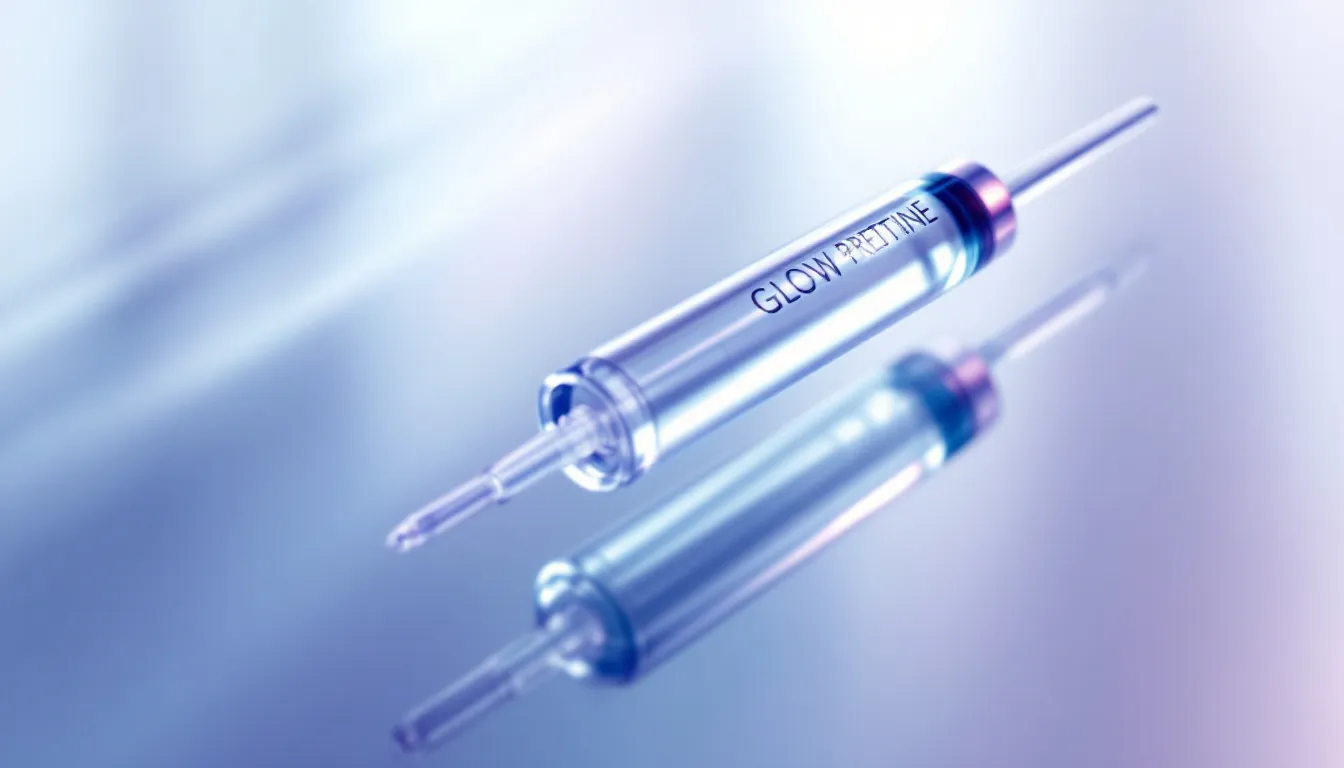 A close-up of a syringe filled with a clear solution, representing glow peptide injection.