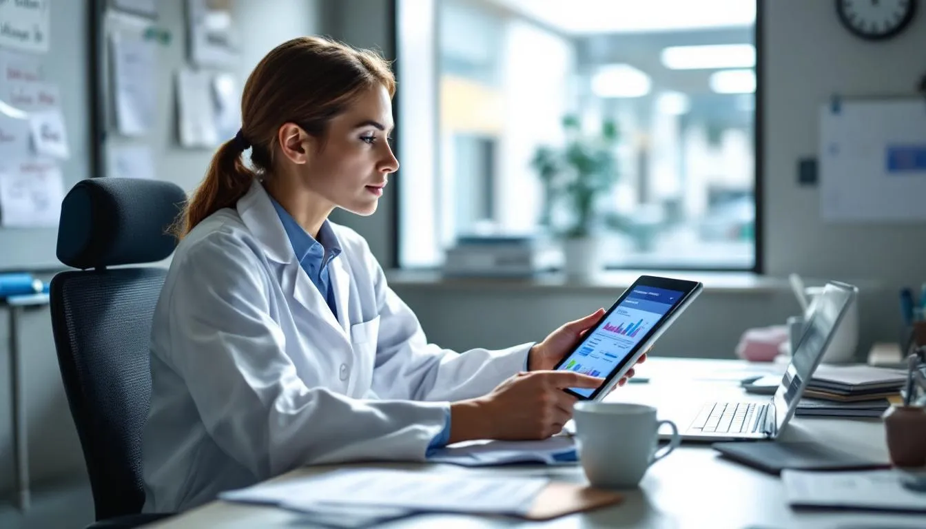 A medical professional is intently reviewing patient safety data and treatment protocols, focusing on the implications of various synthetic peptides like pinealon for cognitive enhancement and brain health. The scene highlights the importance of clinical and experimental medicine in addressing issues such as cognitive decline and traumatic brain injury.