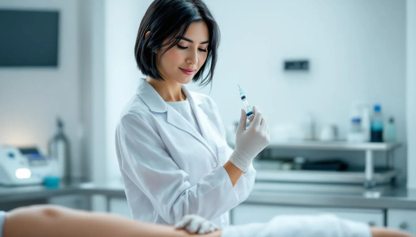 A medical professional is demonstrating an injection technique for peptide therapy, which is aimed at improving gut health and promoting healing in the gastrointestinal tract. The demonstration highlights the importance of addressing digestive disorders and enhancing tissue recovery for overall wellness.