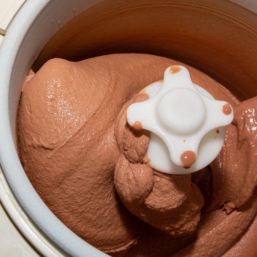 Das fertige Schokoladen-Eis ohne Zucker in der Eismaschine.