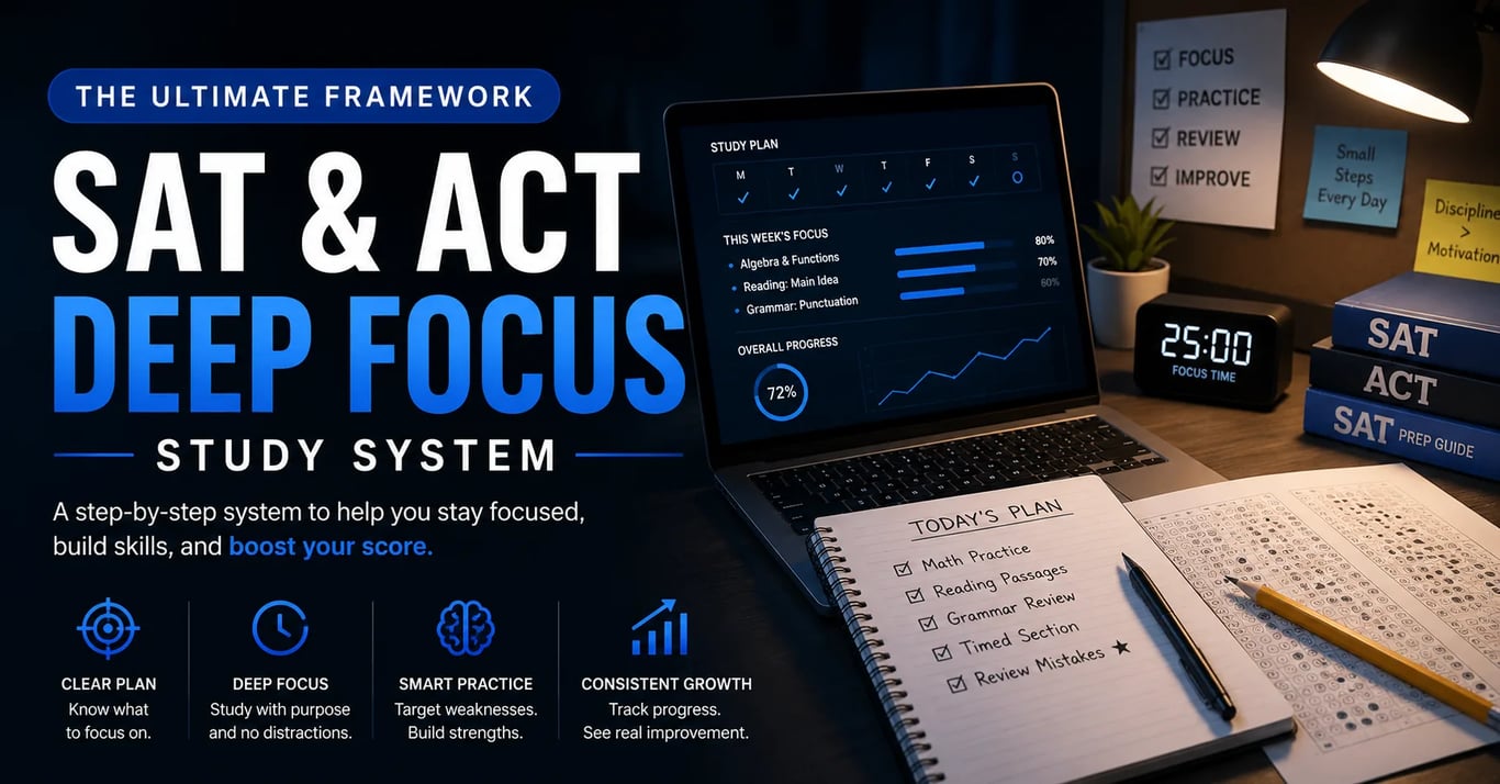 SAT and ACT deep focus study system showing a student desk with a laptop study plan, practice test sheets, timer, notebook checklist, and test prep books for structured exam preparation.