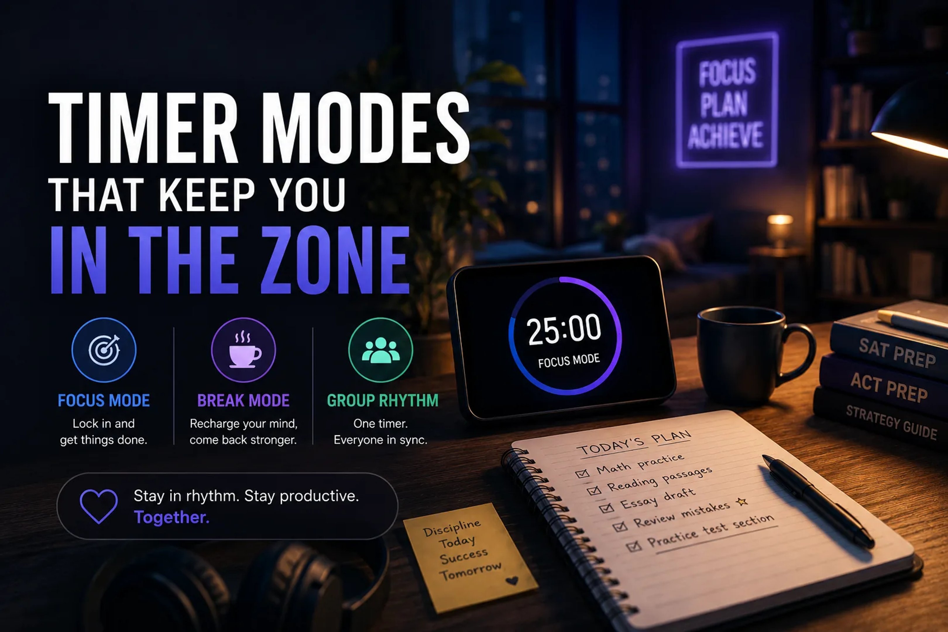 Cozy study desk with a 25-minute focus timer, notebook checklist, headphones, books, and warm lighting illustrating focus mode, break mode, and group rhythm for online study rooms.