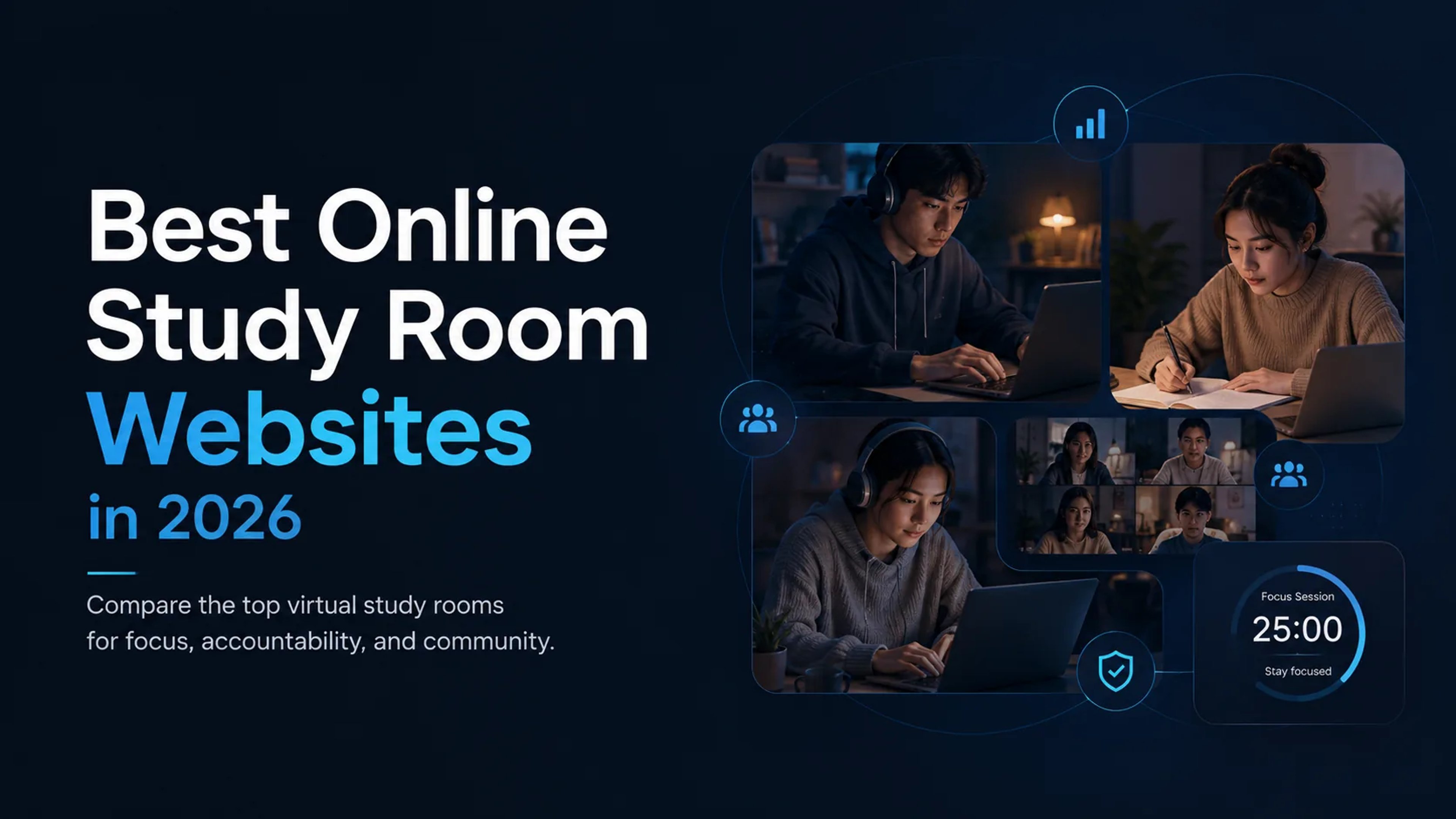 Students studying together online beside a virtual focus timer, illustrating the best online study room websites in 2026.