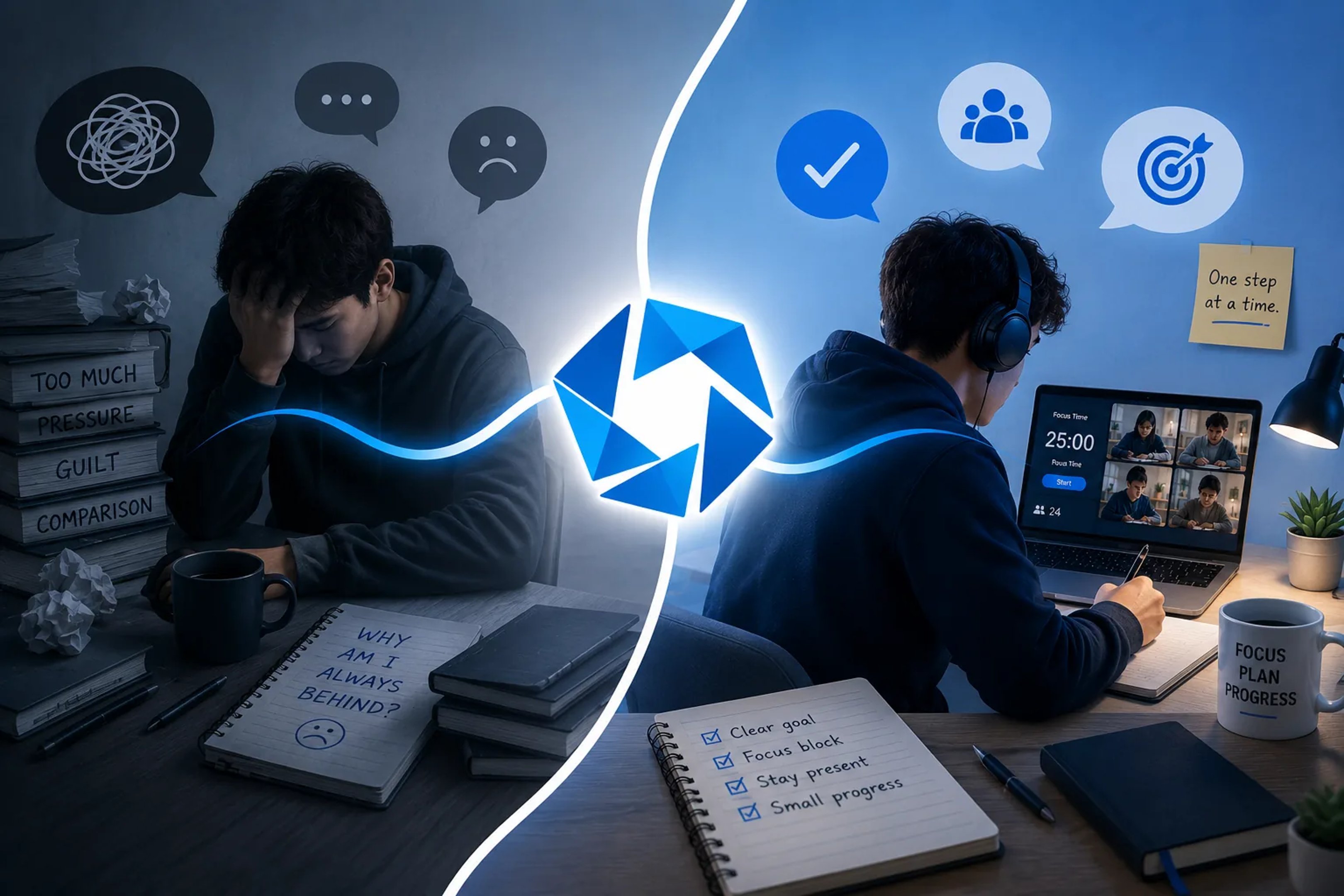 A split-screen illustration showing two approaches to study accountability. On one side, a stressed student sits surrounded by symbols of pressure and comparison. On the other, a calm student studies in an online focus r