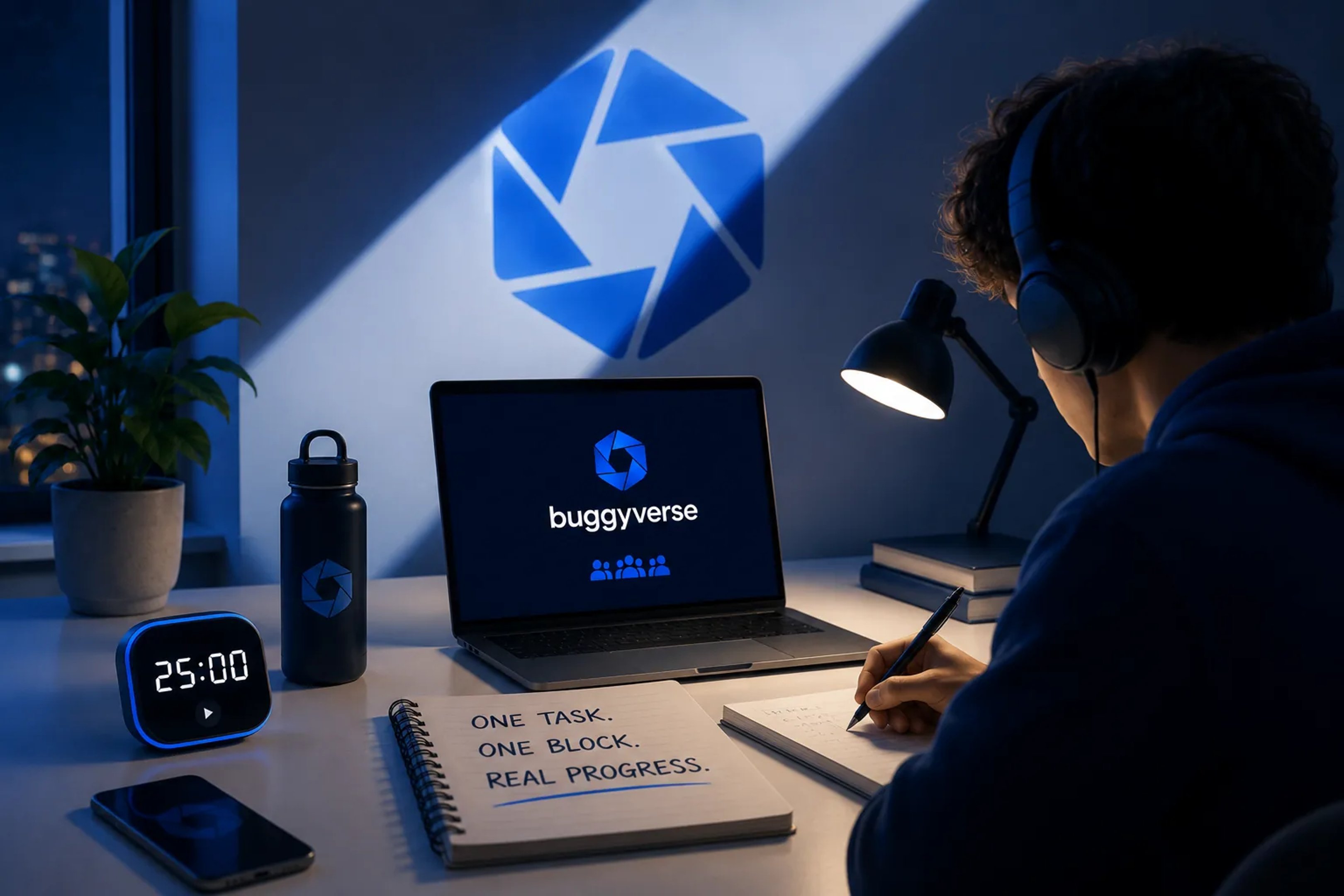 A student studies at a clean nighttime desk with headphones, a 25-minute timer, and a laptop displaying Buggyverse. Blue lighting and a projected Buggyverse logo create a calm group Pomodoro atmosphere.