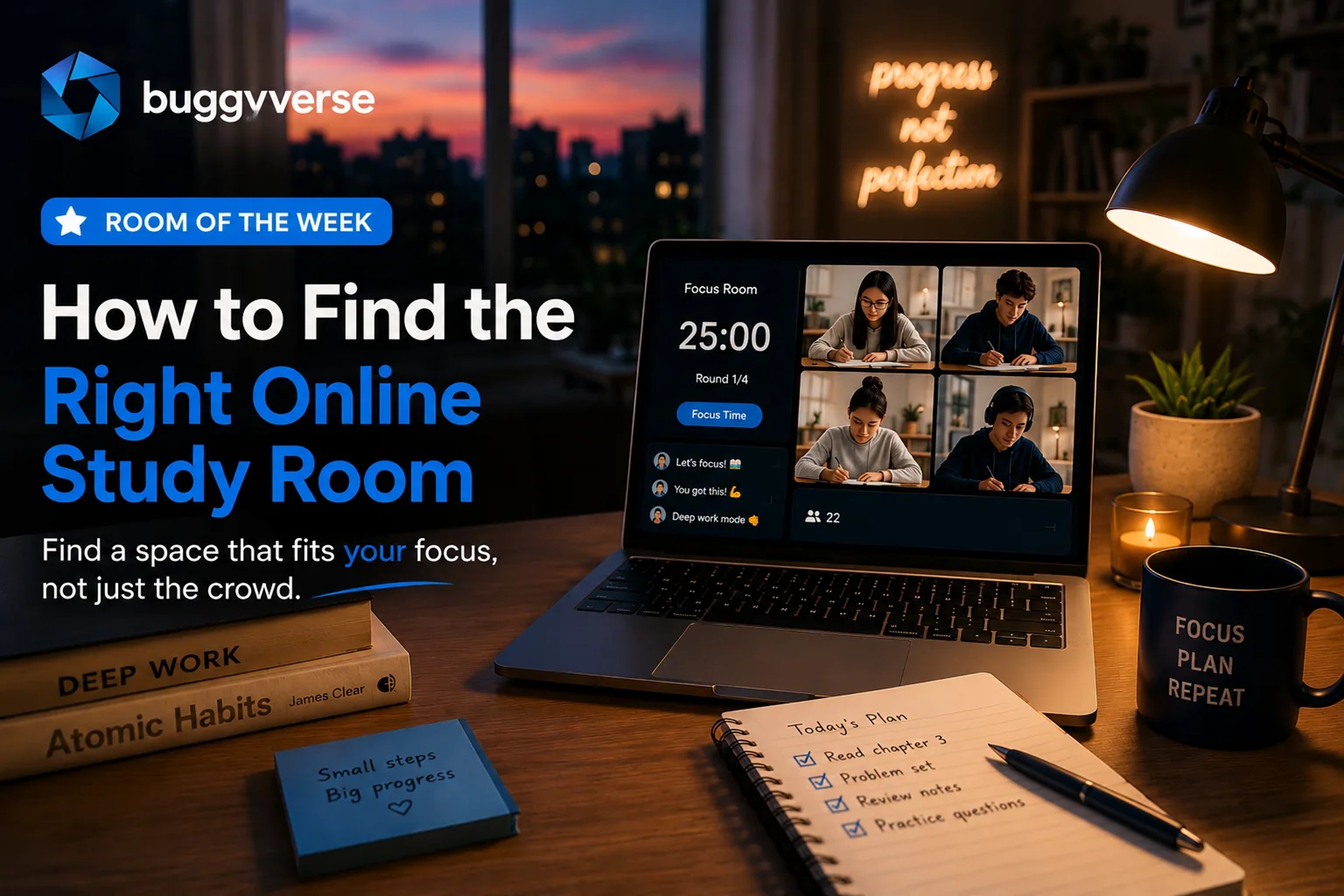 A cozy evening study workspace featuring a laptop displaying an online virtual study room with a Pomodoro timer and students focusing together. The scene includes books, a notebook, coffee mug, desk lamp, and Buggyverse