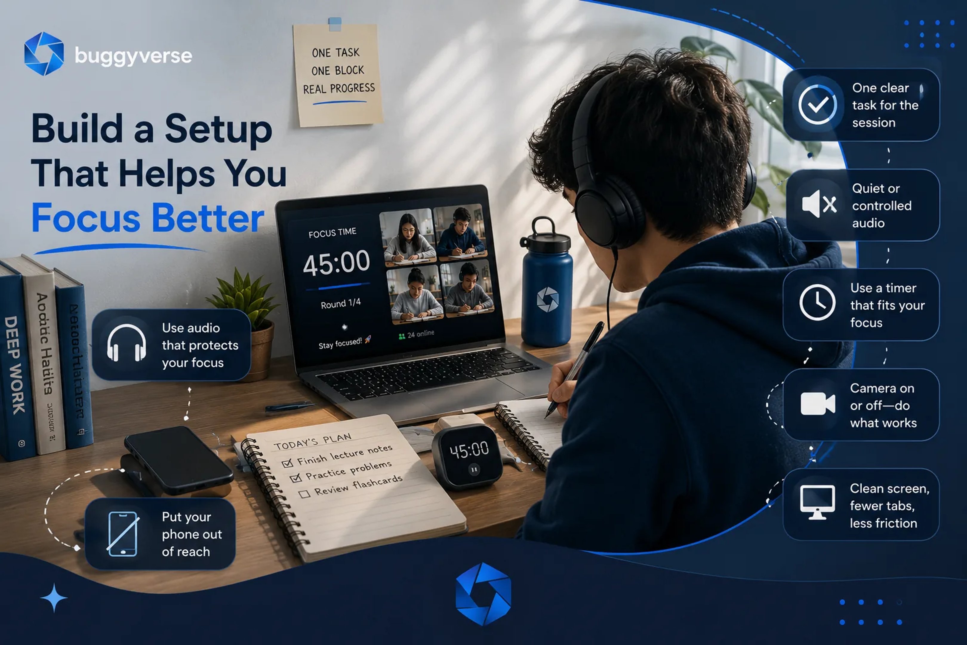 A student using a clean virtual coworking setup with a laptop displaying an online focus room, headphones, notebook, timer, and water bottle. The workspace emphasizes a distraction-free environment with Buggyverse brandi
