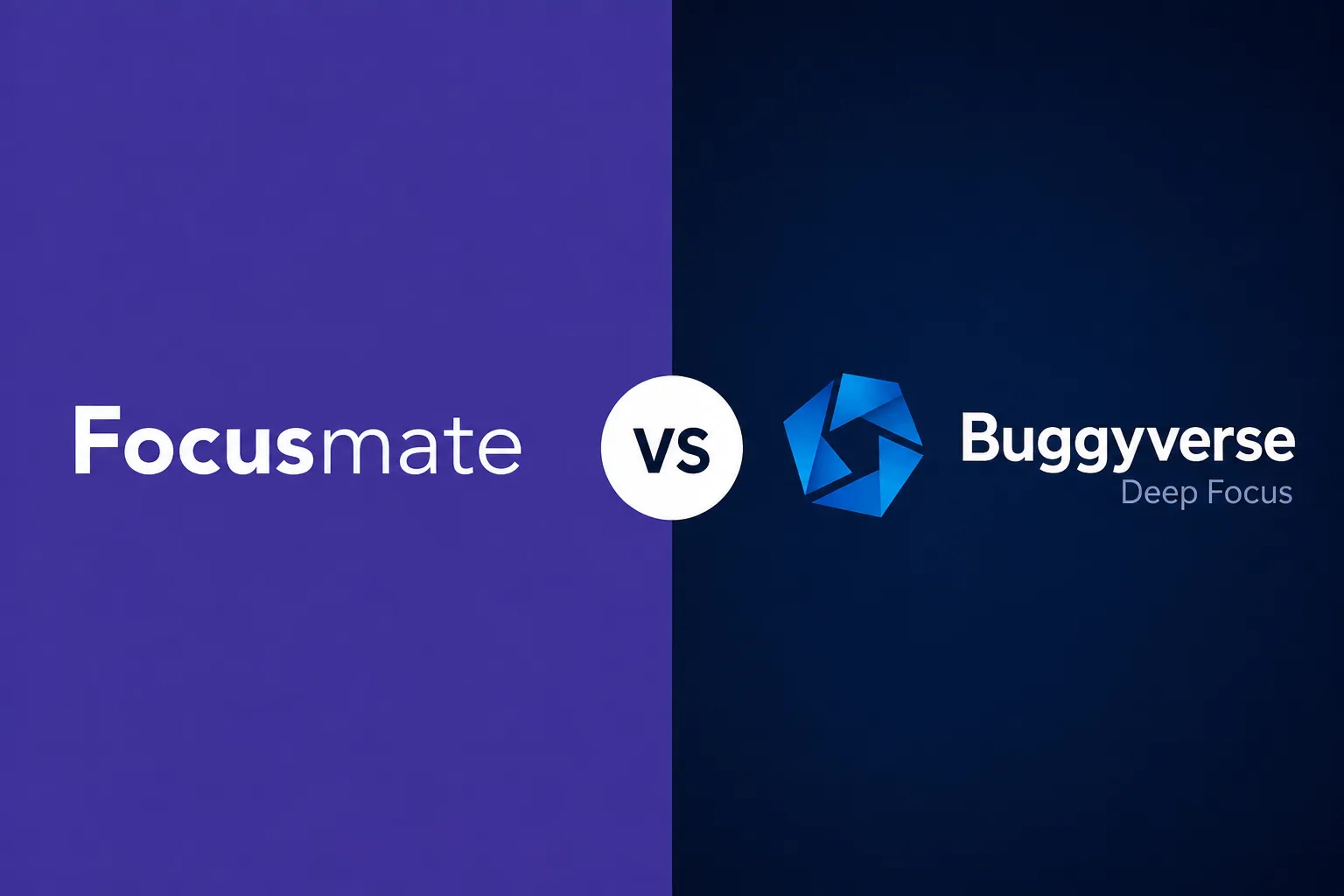 Focusmate versus Buggyverse comparison graphic with both platform logos on a split purple and dark blue background.