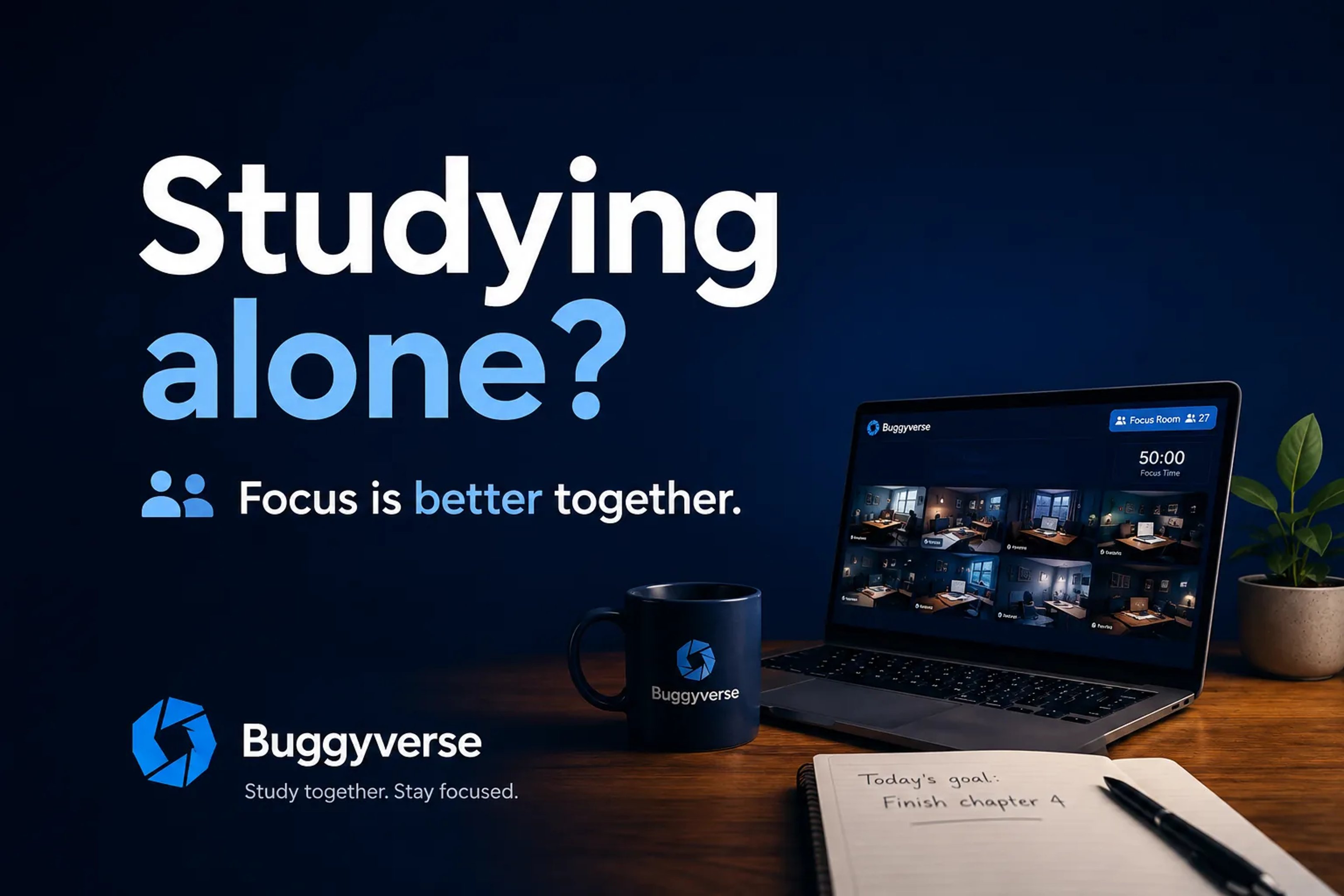 Student studying with others in a virtual study room on Buggyverse, with the message “Studying alone? Focus is better together.”