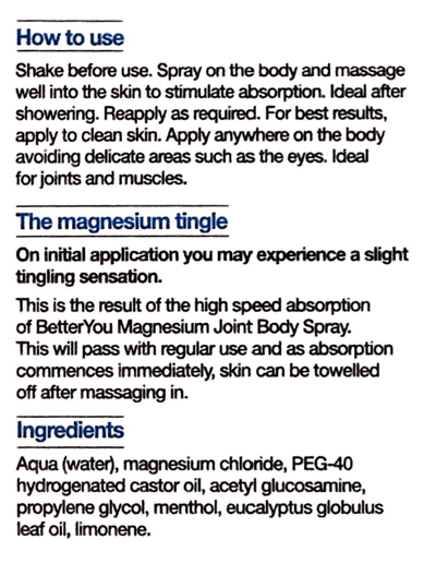 BetterYou Magnesium Joint Body Spray etiket