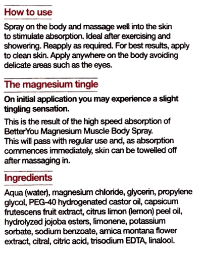 BetterYou Magnesium Muscle Body Spray etiket
