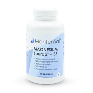 Magnesium Tauraat met Viatmine B6. Capsules van 120 stuks.